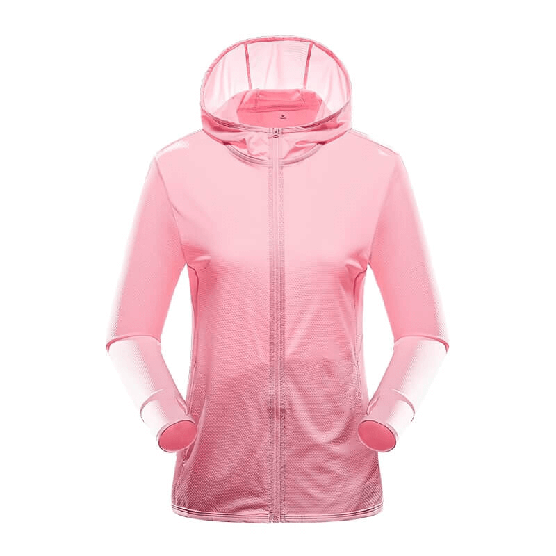 Pink sports windbreaker for women, waterproof trekking jacket with hood, breathable and quick-dry for camping, style SF0157.
